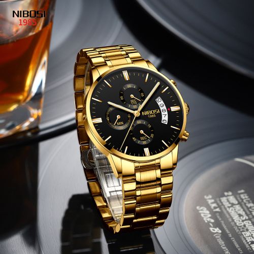 Nibosi - Golden Stainless Steel Analog Quartz Men's Watch with Black Dial