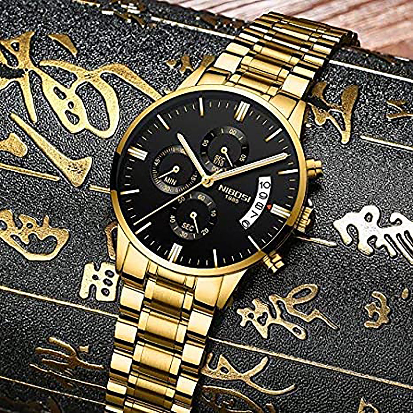 Nibosi - Golden Stainless Steel Analog Quartz Men's Watch with Black Dial