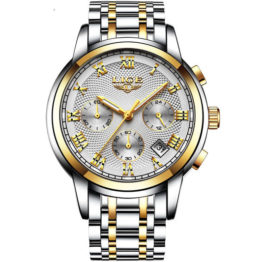 LIGE Full Steel Chronograph, Silver & Gold Watch For Men