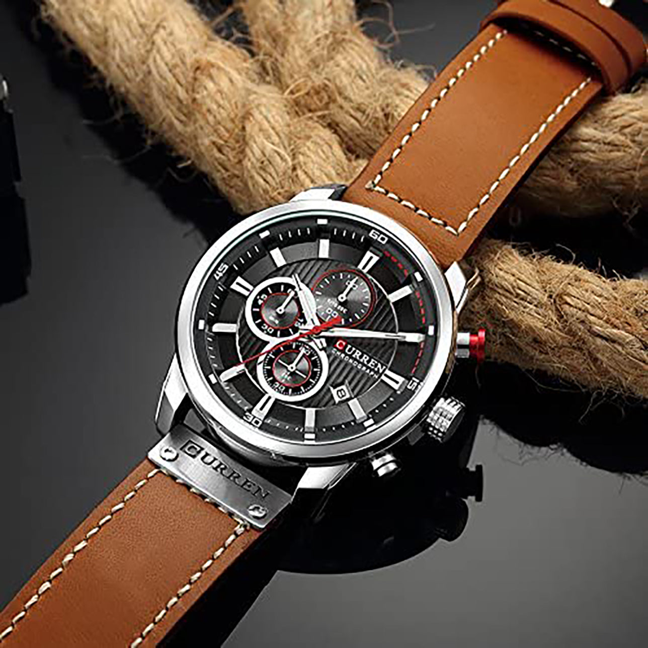 Mens watch black sale face brown band